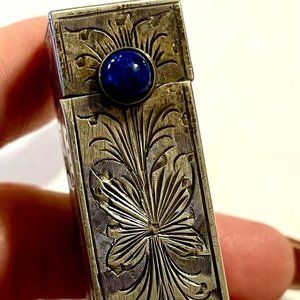 VINTAGE 800 FINE SILVER LIPSTICK CASE w/ LAPIS STONE & FLIP MIRROR ORNATE DESIGN